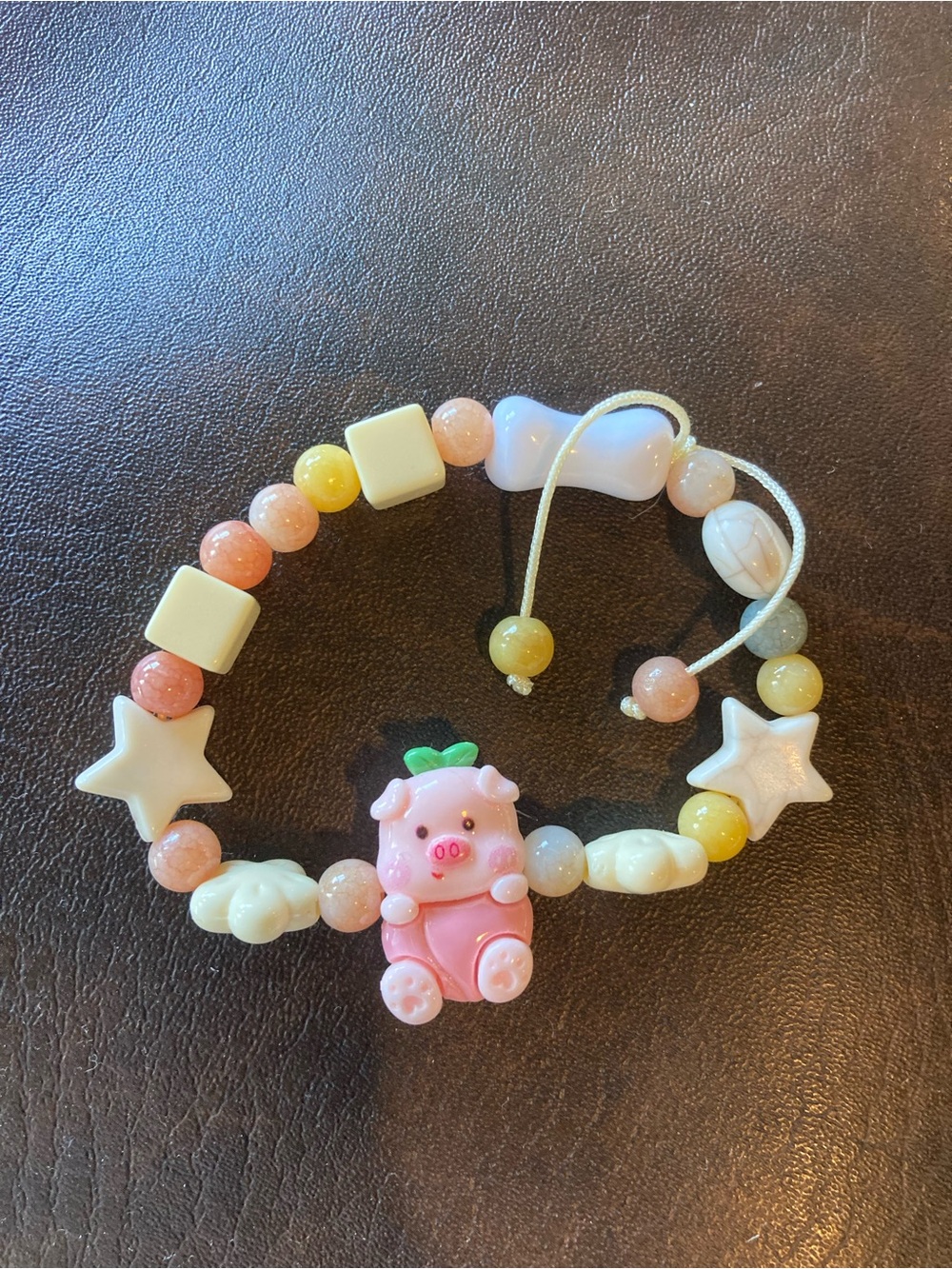 Cute Pink Pig Stretch Bracelet for Kids with Star Charms